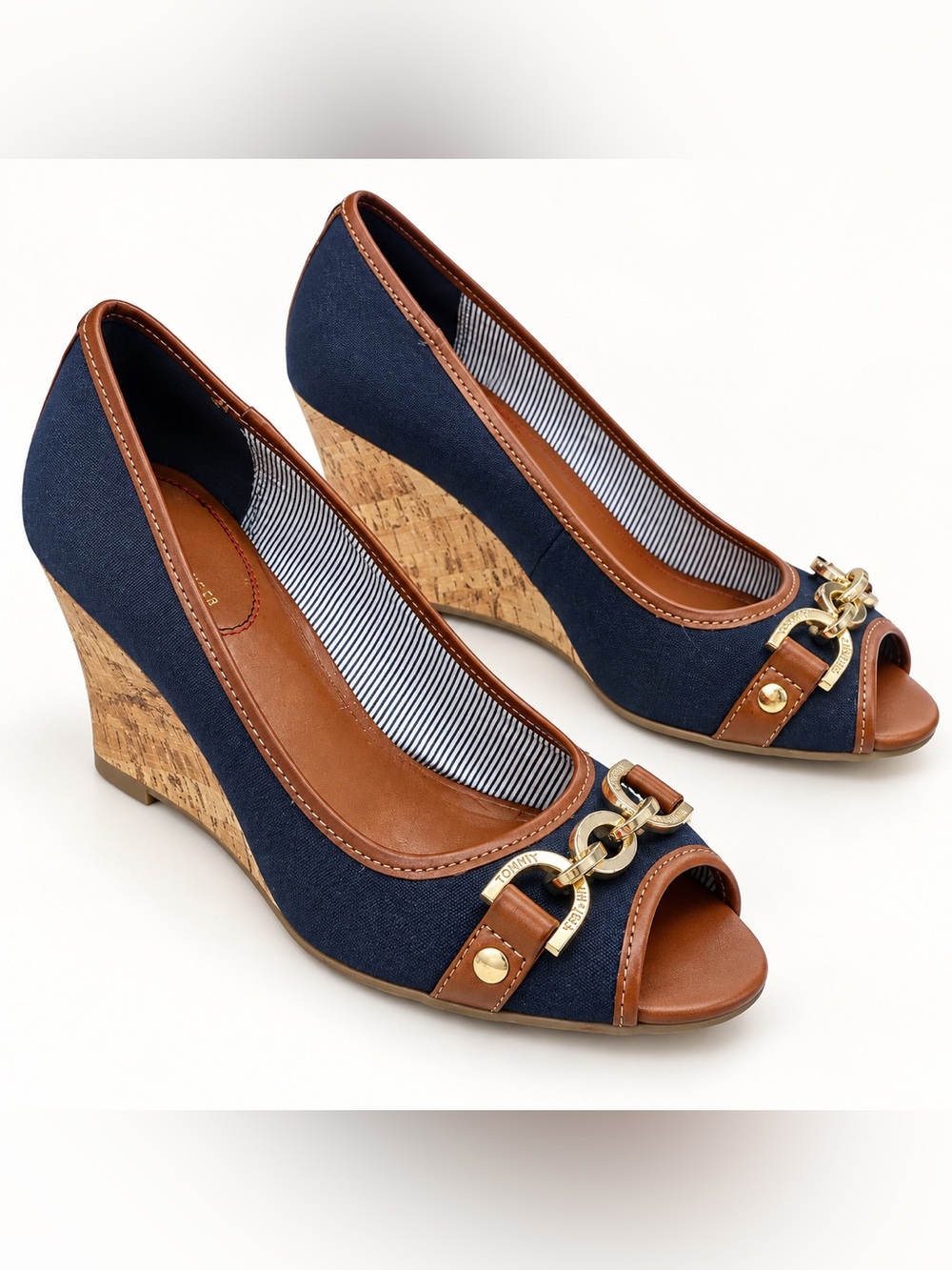 Tommy Hilfiger Navy Blue Cork Wedge Peep Toe Heels Gold Hardware Size 8